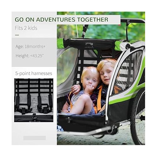  Aosom 2-in-1 Walk/Ride Foldable Child Baby Bike Trailer for Kids 2 Seater, High-Visibility Bike Stroller for Toddler Wagon, Weather-Strong Double Bicycle Trailer Accessory for Kids