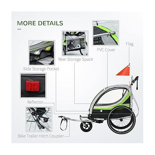  Aosom 2-in-1 Walk/Ride Foldable Child Baby Bike Trailer for Kids 2 Seater, High-Visibility Bike Stroller for Toddler Wagon, Weather-Strong Double Bicycle Trailer Accessory for Kids