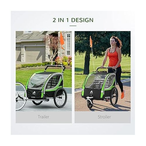  Aosom 2-in-1 Walk/Ride Foldable Child Baby Bike Trailer for Kids 2 Seater, High-Visibility Bike Stroller for Toddler Wagon, Weather-Strong Double Bicycle Trailer Accessory for Kids