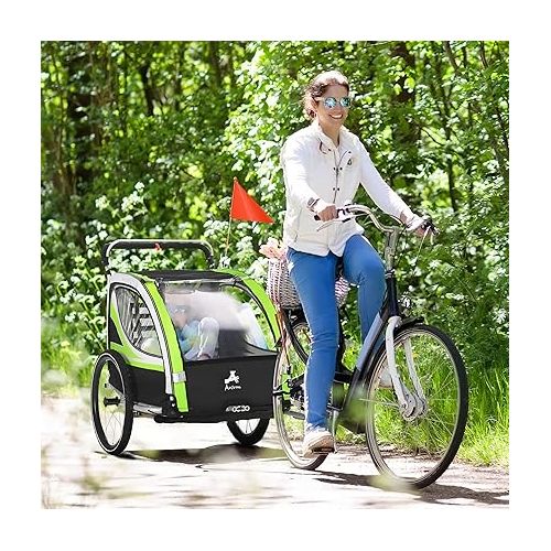  Aosom 2-in-1 Walk/Ride Foldable Child Baby Bike Trailer for Kids 2 Seater, High-Visibility Bike Stroller for Toddler Wagon, Weather-Strong Double Bicycle Trailer Accessory for Kids