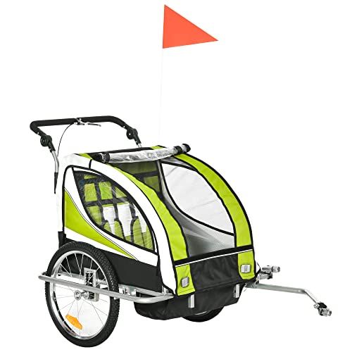  Aosom Folding Child Bike Baby Trailer with Safety Flag, Light Reflectors, & 5 Point Harness, Green