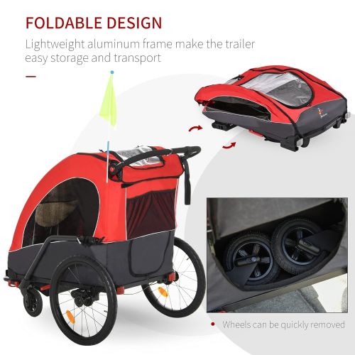  Aosom Child Bike Trailer 3 In1 Foldable Jogger Stroller Baby Stroller Transport Carrier with Shock Absorber System Rubber Tires Adjustable Handlebar Kid Bicycle Trailer Red and Gre