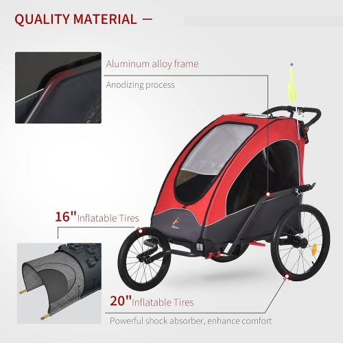  Aosom Child Bike Trailer 3 In1 Foldable Jogger Stroller Baby Stroller Transport Carrier with Shock Absorber System Rubber Tires Adjustable Handlebar Kid Bicycle Trailer Red and Gre