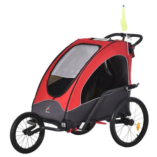  Aosom Child Bike Trailer 3 In1 Foldable Jogger Stroller Baby Stroller Transport Carrier with Shock Absorber System Rubber Tires Adjustable Handlebar Kid Bicycle Trailer Red and Gre