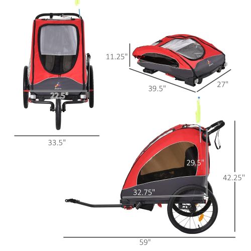  Aosom Child Bike Trailer 3 In1 Foldable Jogger Stroller Baby Stroller Transport Carrier with Shock Absorber System Rubber Tires Adjustable Handlebar Kid Bicycle Trailer Red and Gre