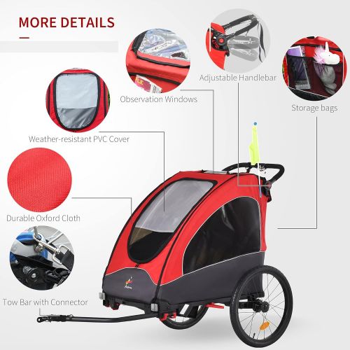  Aosom Child Bike Trailer 3 In1 Foldable Jogger Stroller Baby Stroller Transport Carrier with Shock Absorber System Rubber Tires Adjustable Handlebar Kid Bicycle Trailer Red and Gre