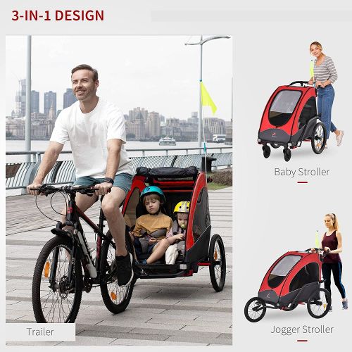  Aosom Child Bike Trailer 3 In1 Foldable Jogger Stroller Baby Stroller Transport Carrier with Shock Absorber System Rubber Tires Adjustable Handlebar Kid Bicycle Trailer Red and Gre