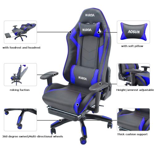  Aosun Racing Gaming Chair with Footrest PU Leather Video Game Chairs Height Adjustable Office Swivel Chair High Back Ergonomic PC Chair with Headrest and Lumbar Support Tilt E-Spor