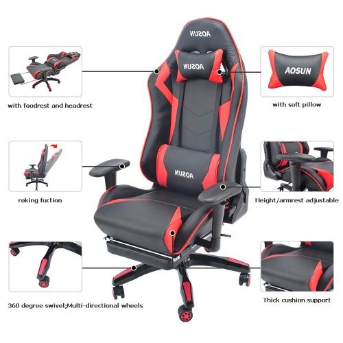  Aosun Racing Gaming Chair with Footrest PU Leather Video Game Chairs Height Adjustable Office Swivel Chair High Back Ergonomic PC Chair with Headrest and Lumbar Support Tilt E-Spor