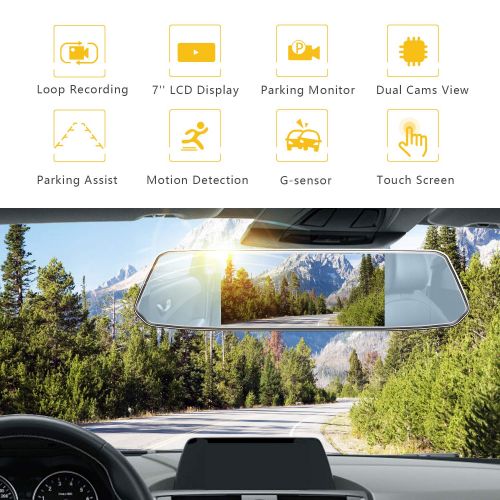  Aoxun Backup Camera 7 Mirror Touch Screen - 1080P Car Dash Cam Dual Dashboard Camera Recorder with Waterproof Reversing Camera