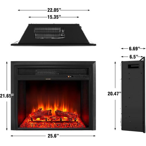 Aoxun Electric Fireplace, Freestanding & Recessed Electric Fireplace, Insert Fireplace Heater for TV Stand, with Timer, Remote Control, 750/1500W, 25 Inches Wide, Black