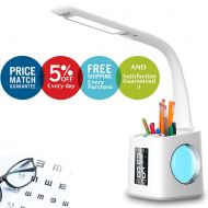 Aoztek LED Study Desk Lamp with USB Charging Port for School Students Work Office Boys Girls| Eye-Care Desk Reading Light|Touch Dimmer|Alarm Clock|Calendar|Desk Organizer Lamp| Thermomete