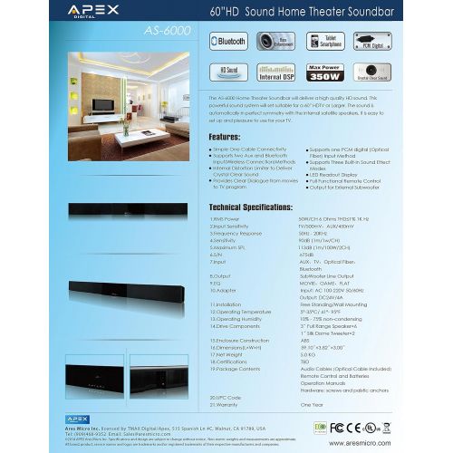  [아마존베스트]Apex Digital ASB 6000 HD Digital Home Theater Sound Bar, 350W