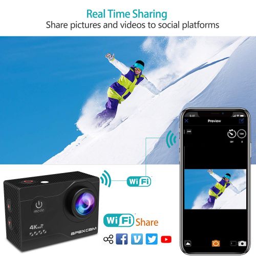  Apexcam 4K Action Camera 16MP Underwater Waterproof Camera 40M 170°Wide-Angle WiFi Sports Camera with 2.4G Remote Control with 2 Batteries 2.0 LCD Ultra HD and Mounting Accessories