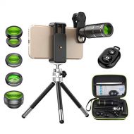 Apexel Cell Phone Camera Lens Kit -Remote Shutter+ Phone Tripod+ 6 in 1 Phone Lens -Metal 16X Telephoto Zoom Lens/Wide Angle/Macro/Fisheye/Kaleidoscope/CPL for iPhone X 8 7 6 Plus