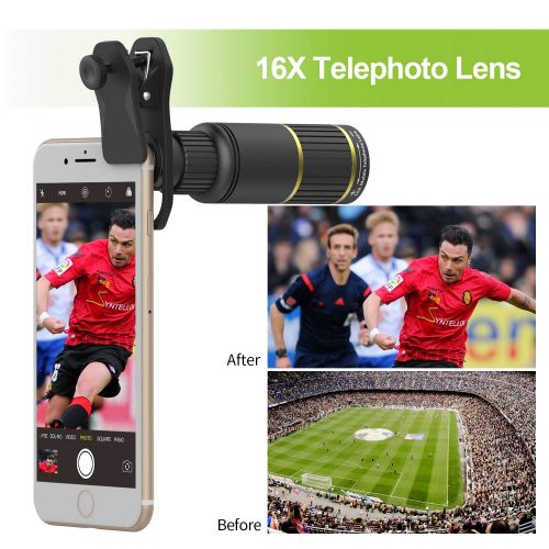 Apexel Cell Phone Camera Lens Kit -Remote Shutter+ Phone Tripod+ 6 in 1 Phone Lens -Metal 16X Telephoto Zoom LensWide AngleMacroFisheyeKaleidoscopeCPL for iPhone X 8 7 6 Plus