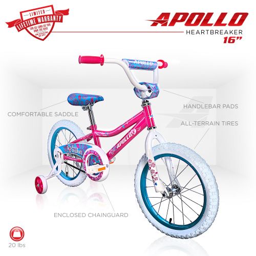  Apollo Heartbreaker 14 inch Kids Bicycle, Ages 3 to 5, Height 28 to 36 inches, Teal