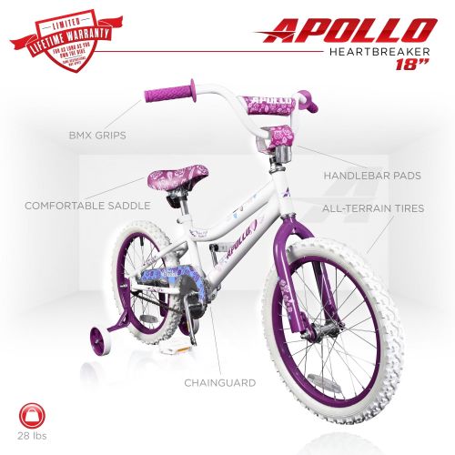  Apollo Heartbreaker 18 inch Kids Bicycle, Ages 5 to 9, Height 42 - 50 inches, White/Pink