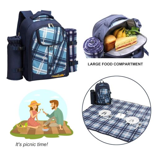  Apollo walker apollo walker Picnic Backpack Bag for 4 Person with Cooler Compartment, Detachable Bottle/Wine Holder, Fleece Blanket(45x53), Coffee Mugs,Plates and Cutlery (Blue)
