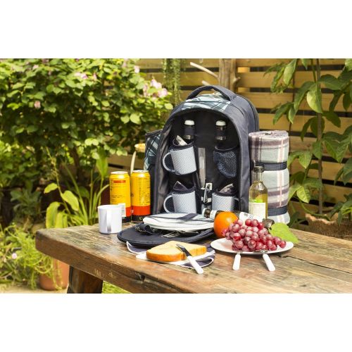 Apollo walker apollo walker Picnic Backpack Bag for 4 Person with Cooler Compartment, Detachable Bottle/Wine Holder, Fleece Blanket(45x53), Coffee Mugs,Plates and Cutlery (Blue)