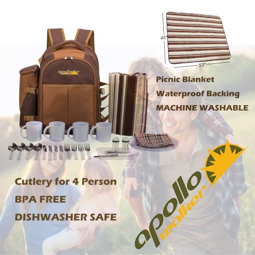  Apollo walker apollo walker Picnic Backpack Bag for 4 Person with Cooler Compartment, Detachable Bottle/Wine Holder, Fleece Blanket(45x53), Coffee Mugs,Plates and Cutlery (Brown)