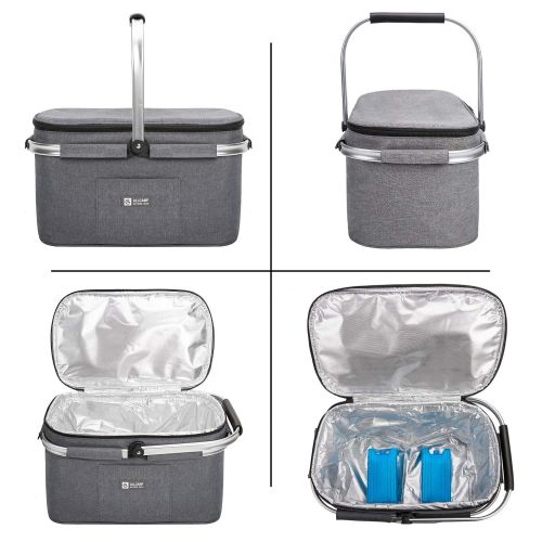  apollo walker Lightweight Picnic Basket Insulated Cooler Bags for 4 Person 32L Large Family Size with 2 Ice Packs(Dark Gray)