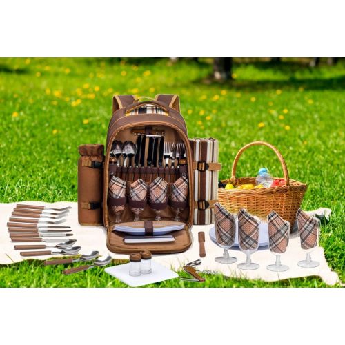  apollo walker Picnic Backpack Bag for 4 Person with Cooler Compartment,Wine Bag, Picnic Blanket(45x53),Best for Family and Lovers Gifts (Brown)