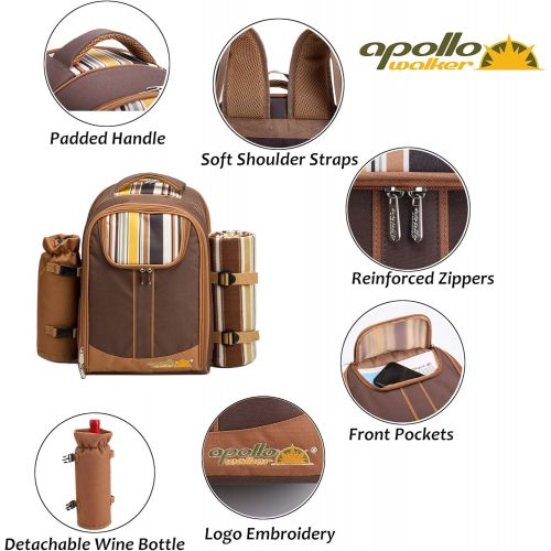  apollo walker Picnic Backpack Bag for 4 Person with Cooler Compartment,Wine Bag, Picnic Blanket(45x53),Best for Family and Lovers Gifts (Brown)