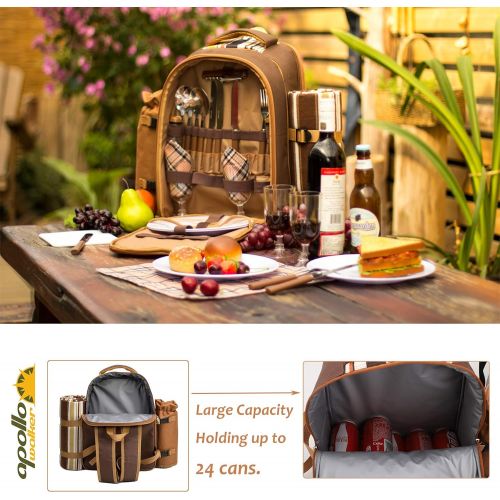  apollo walker Picnic Backpack Bag for 4 Person with Cooler Compartment,Wine Bag, Picnic Blanket(45x53),Best for Family and Lovers Gifts (Brown)