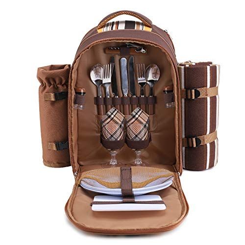  apollo walker Picnic Backpack Bag for 2 Person with Cooler Compartment, Detachable Bottle/Wine Holder, Fleece Blanket, Plates and Cutlery(2 Person, Brown)