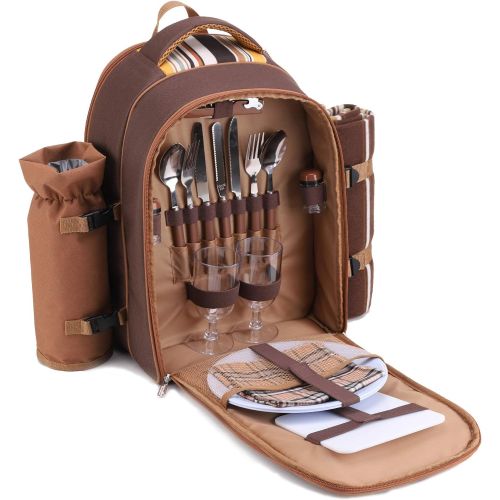  apollo walker Picnic Backpack Bag for 2 Person with Cooler Compartment, Detachable Bottle/Wine Holder, Fleece Blanket, Plates and Cutlery(2 Person, Brown)