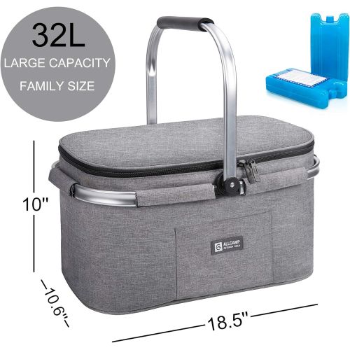  apollo walker Lightweight Extra Large Picnic Basket for 4 Person 32L Family Size Collapsible with 2 Ice Packs(Light Gray)