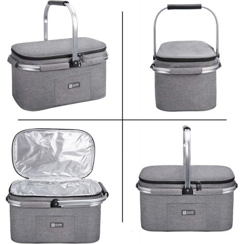  apollo walker Lightweight Extra Large Picnic Basket for 4 Person 32L Family Size Collapsible with 2 Ice Packs(Light Gray)