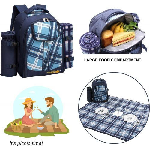  apollo walker Picnic Backpack Bag for 2 Person with Cooler Compartment, Detachable Bottle/Wine Holder, Fleece Blanket, Plates and Cutlery (Blue)