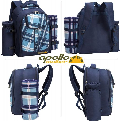  apollo walker Picnic Backpack Bag for 2 Person with Cooler Compartment, Detachable Bottle/Wine Holder, Fleece Blanket, Plates and Cutlery (Blue)