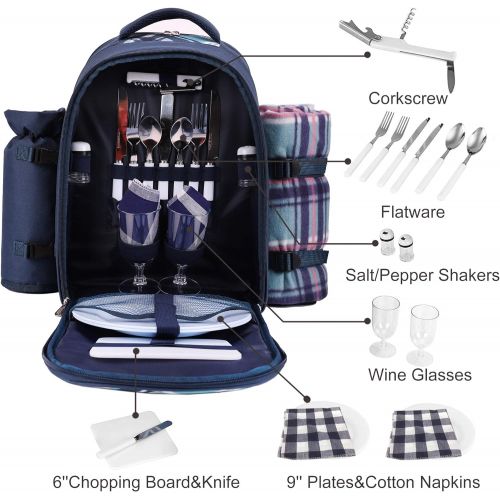  apollo walker Picnic Backpack Bag for 2 Person with Cooler Compartment, Detachable Bottle/Wine Holder, Fleece Blanket, Plates and Cutlery (Blue)