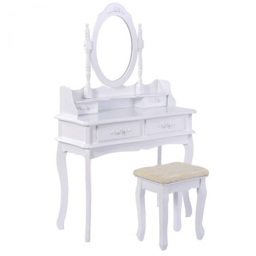  Apontus White Vanity Jewelry Makeup Dressing Table Set W/Stool 4 Drawer Mirror Wood Desk