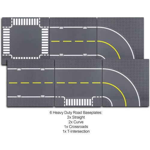  Apostrophe Games Classic Building Block Road Base Plates Compatible with All Major Brands (Roads 6 Pack), 2 Straight, 2 Curve, 1 Crossroads, and 1 T-Junction City Street Plate