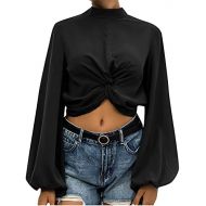 Appoi Crop Tops for Women Sexy Turtleneck Lantern Long Sleeve Twist Blouse Slim Fit Exposing Navel Tee Shirts