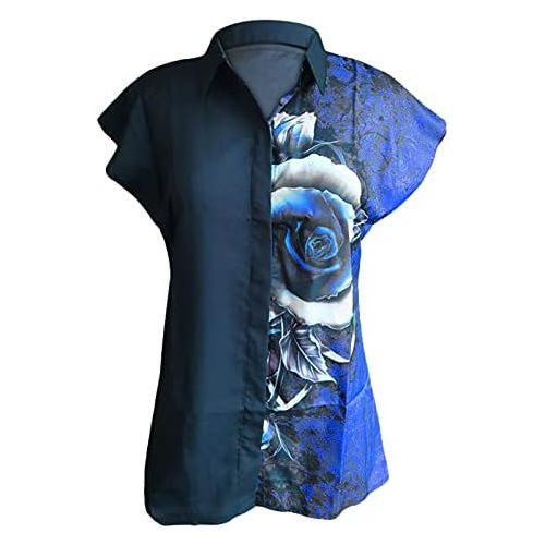  Appoi Women Cap Short Sleeve Tops Slim Fit Button Down Blouse Trendy Rose Flowers Print Tee Shirts
