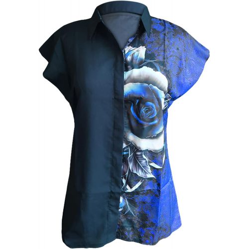  Appoi Women Cap Short Sleeve Tops Slim Fit Button Down Blouse Trendy Rose Flowers Print Tee Shirts