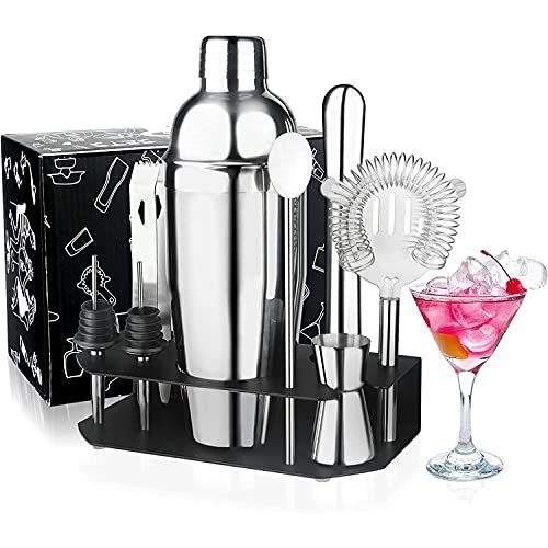  [아마존베스트]Appolab 24oz Cocktail Shaker Set with Stand for Home Includes Martini Mixer, Jigger, Mixing Spoon, Liquor Pourers, Muddler, Strainer and Ice Tongs Professional Stainless Steel Bartender Ki