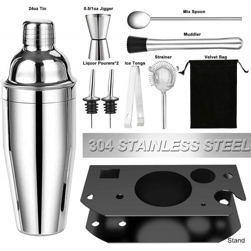  [아마존베스트]Appolab 24oz Cocktail Shaker Set with Stand for Home Includes Martini Mixer, Jigger, Mixing Spoon, Liquor Pourers, Muddler, Strainer and Ice Tongs Professional Stainless Steel Bartender Ki