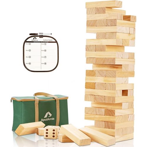  ApudArmis Giant Tumble Tower (Stack from 2Ft to Over 4.2Ft), 54 PCS Pine Wooden Stacking Timber Game with 1 Dice Set - Classic Block Giant Outdoor Game for Kids Adults Family