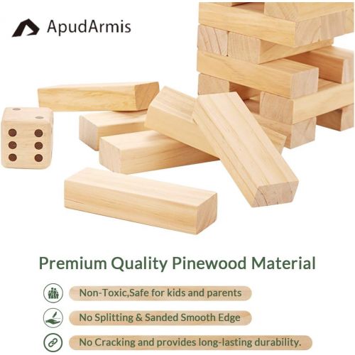  ApudArmis 60 PCS Giant Tumble Tower, (Stack up to 5Ft) Pine Wooden Stacking Timber Game with 1 Dice Set - Classic Block Giant Outdoor Game for Kids Adults Family