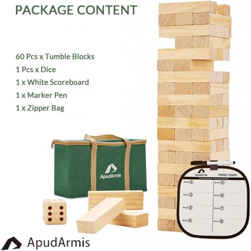  ApudArmis 60 PCS Giant Tumble Tower, (Stack up to 5Ft) Pine Wooden Stacking Timber Game with 1 Dice Set - Classic Block Giant Outdoor Game for Kids Adults Family