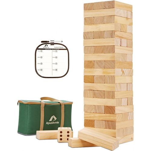  ApudArmis 60 PCS Giant Tumble Tower, (Stack up to 5Ft) Pine Wooden Stacking Timber Game with 1 Dice Set - Classic Block Giant Outdoor Game for Kids Adults Family