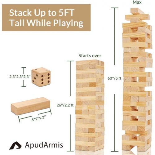  ApudArmis 60 PCS Giant Tumble Tower, (Stack up to 5Ft) Pine Wooden Stacking Timber Game with 1 Dice Set - Classic Block Giant Outdoor Game for Kids Adults Family