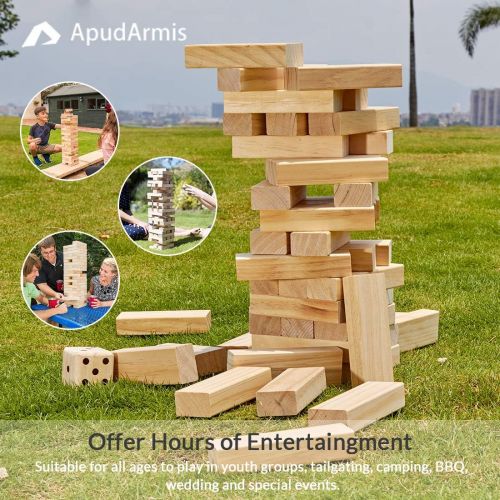 ApudArmis 60 PCS Giant Tumble Tower, (Stack up to 5Ft) Pine Wooden Stacking Timber Game with 1 Dice Set - Classic Block Giant Outdoor Game for Kids Adults Family