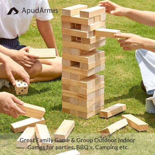  ApudArmis 60 PCS Giant Tumble Tower, (Stack up to 5Ft) Pine Wooden Stacking Timber Game with 1 Dice Set - Classic Block Giant Outdoor Game for Kids Adults Family